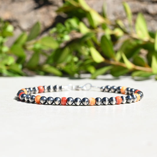 Sterling Silver Navajo Style Pearl and Spiny Oyster Bracelet