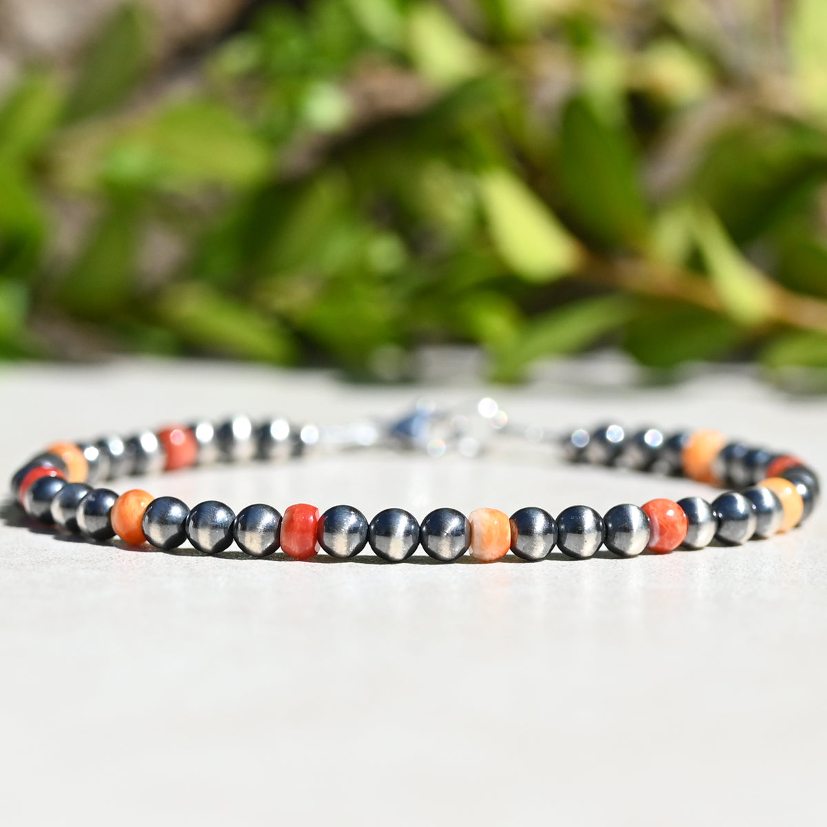 Sterling Silver Navajo Style Pearl and Spiny Oyster Bracelet