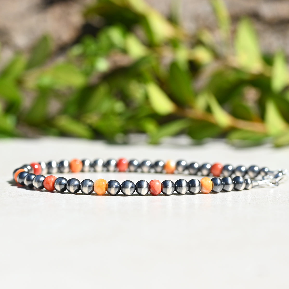 Sterling Silver Navajo Style Pearl and Spiny Oyster Bracelet