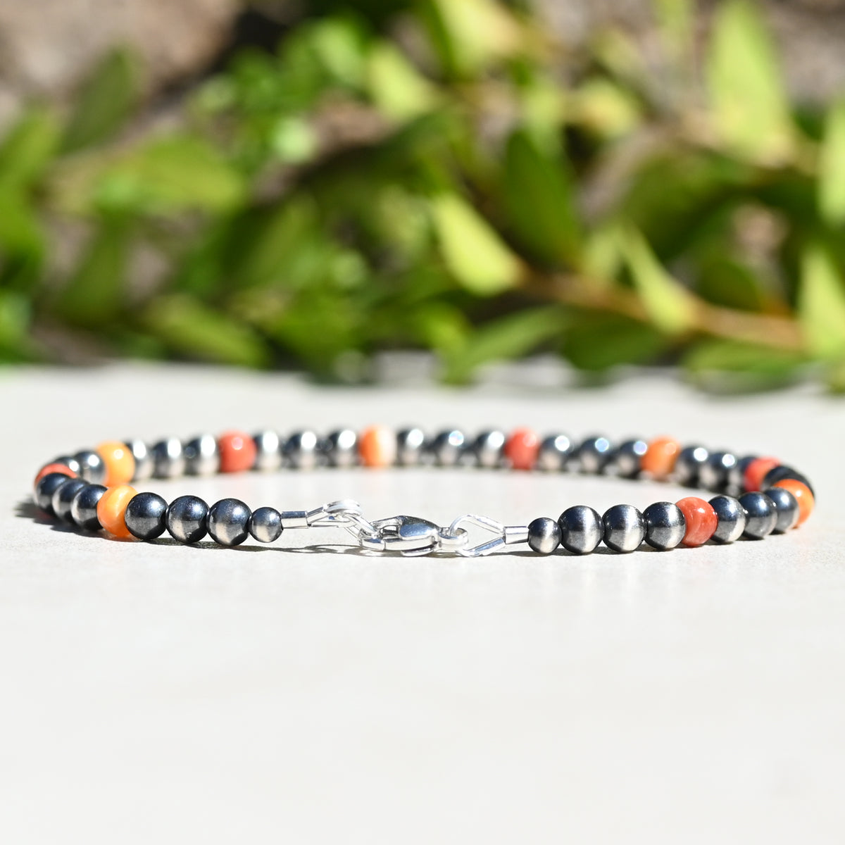 Sterling Silver Navajo Style Pearl and Spiny Oyster Bracelet