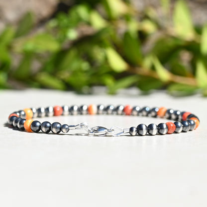 Sterling Silver Navajo Style Pearl and Spiny Oyster Bracelet