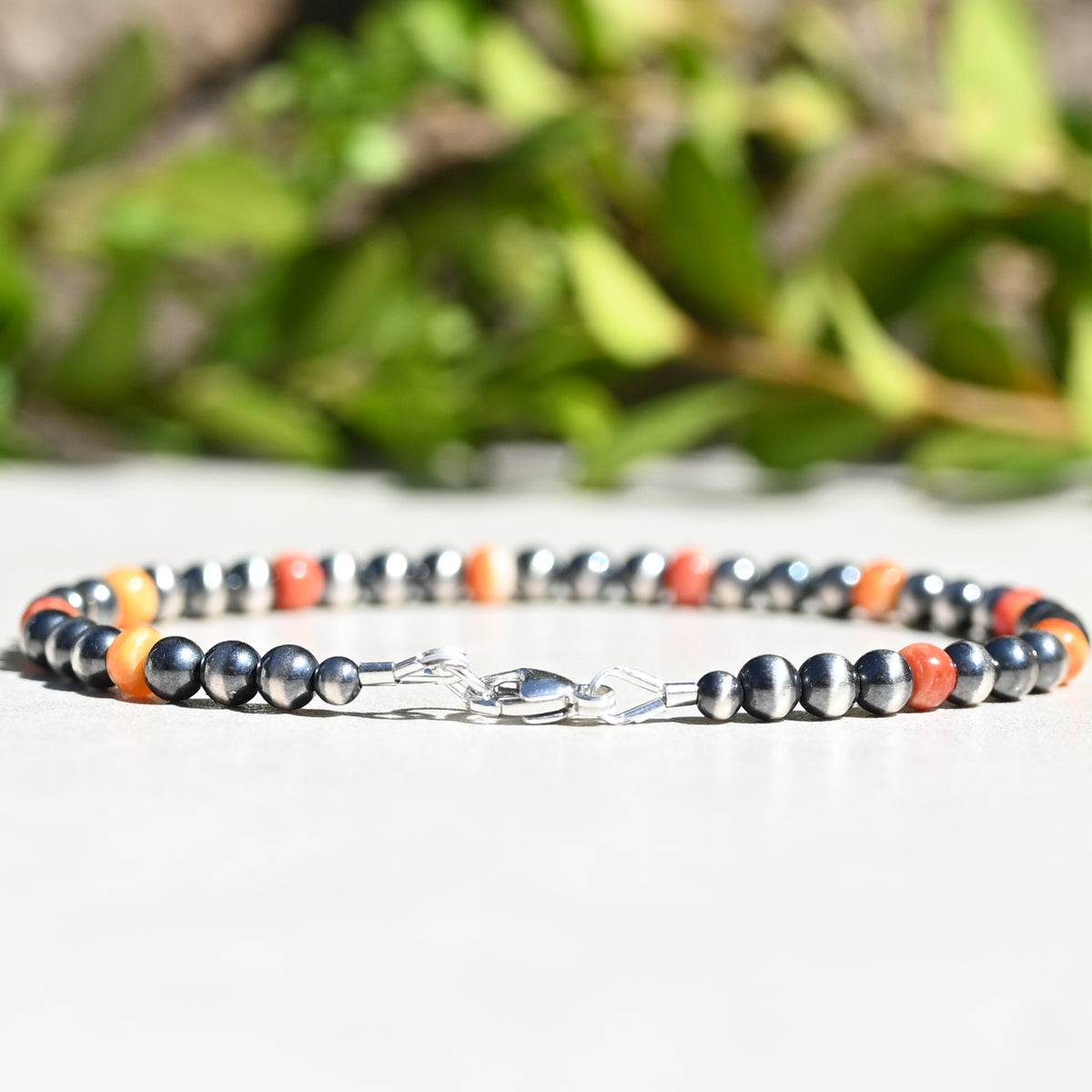 Sterling Silver Navajo Style Pearl and Spiny Oyster Bracelet