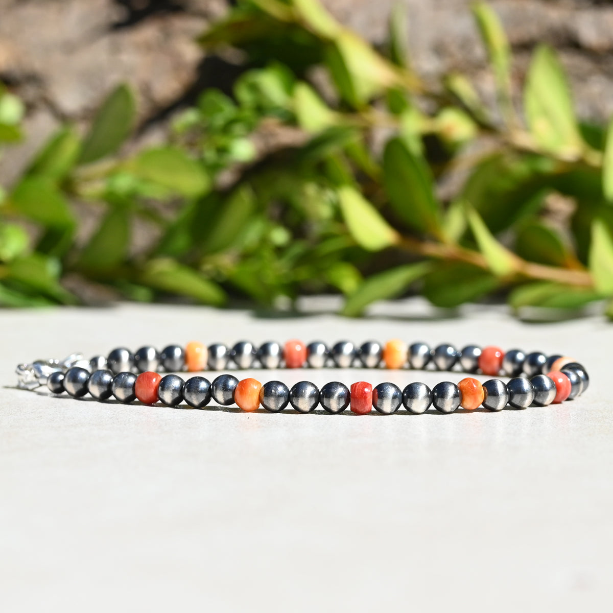 Sterling Silver Navajo Style Pearl and Spiny Oyster Bracelet