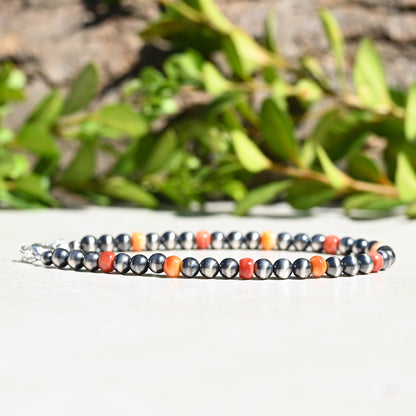 Sterling Silver Navajo Style Pearl and Spiny Oyster Bracelet