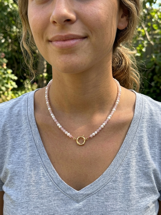 Natural Rose Quartz and Mother of Pearl Hand Knotted Necklace