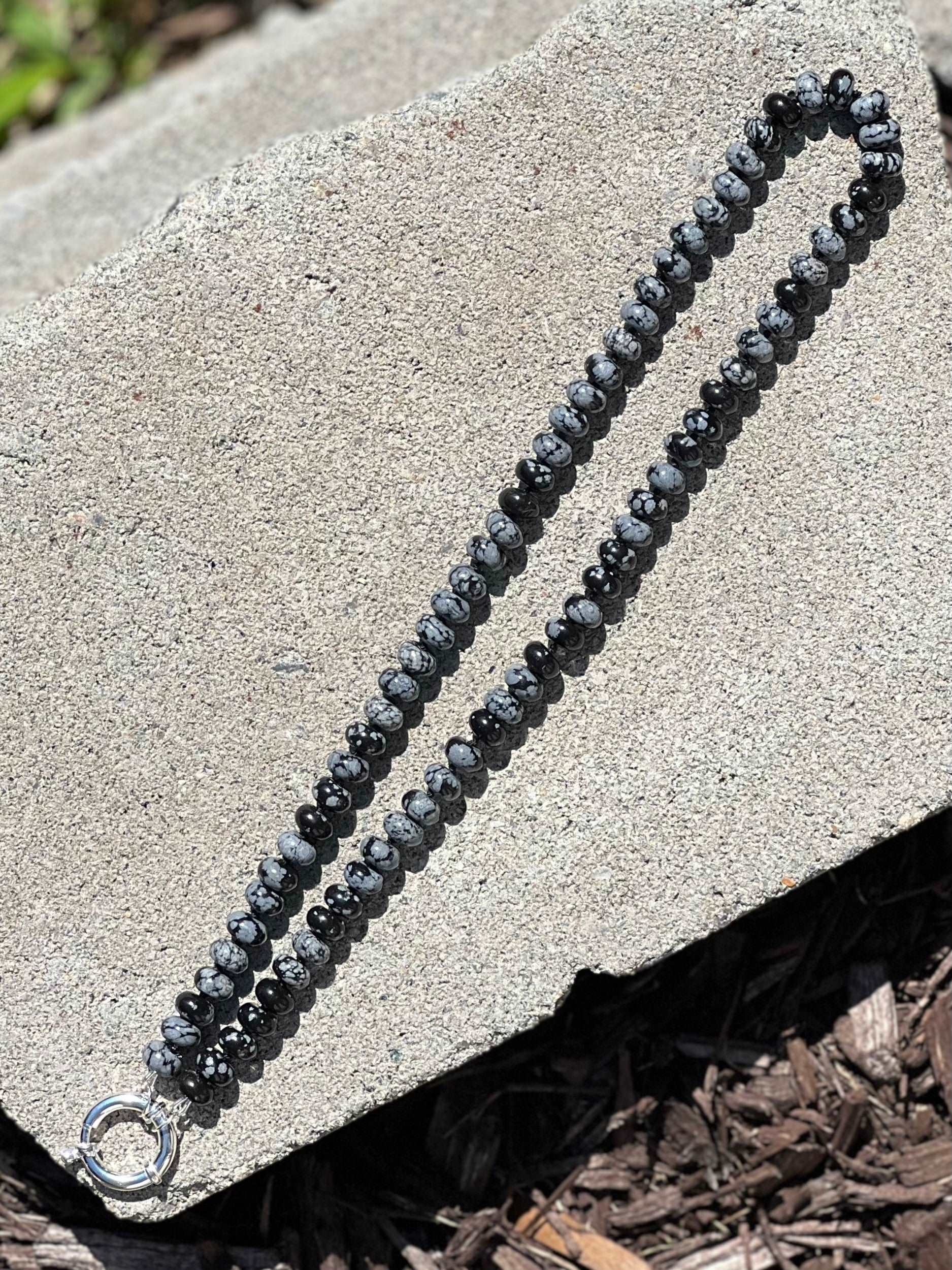 Snowflake Obsidian Hand Knotted Gemstone Necklace with Sterling Silver Clasp