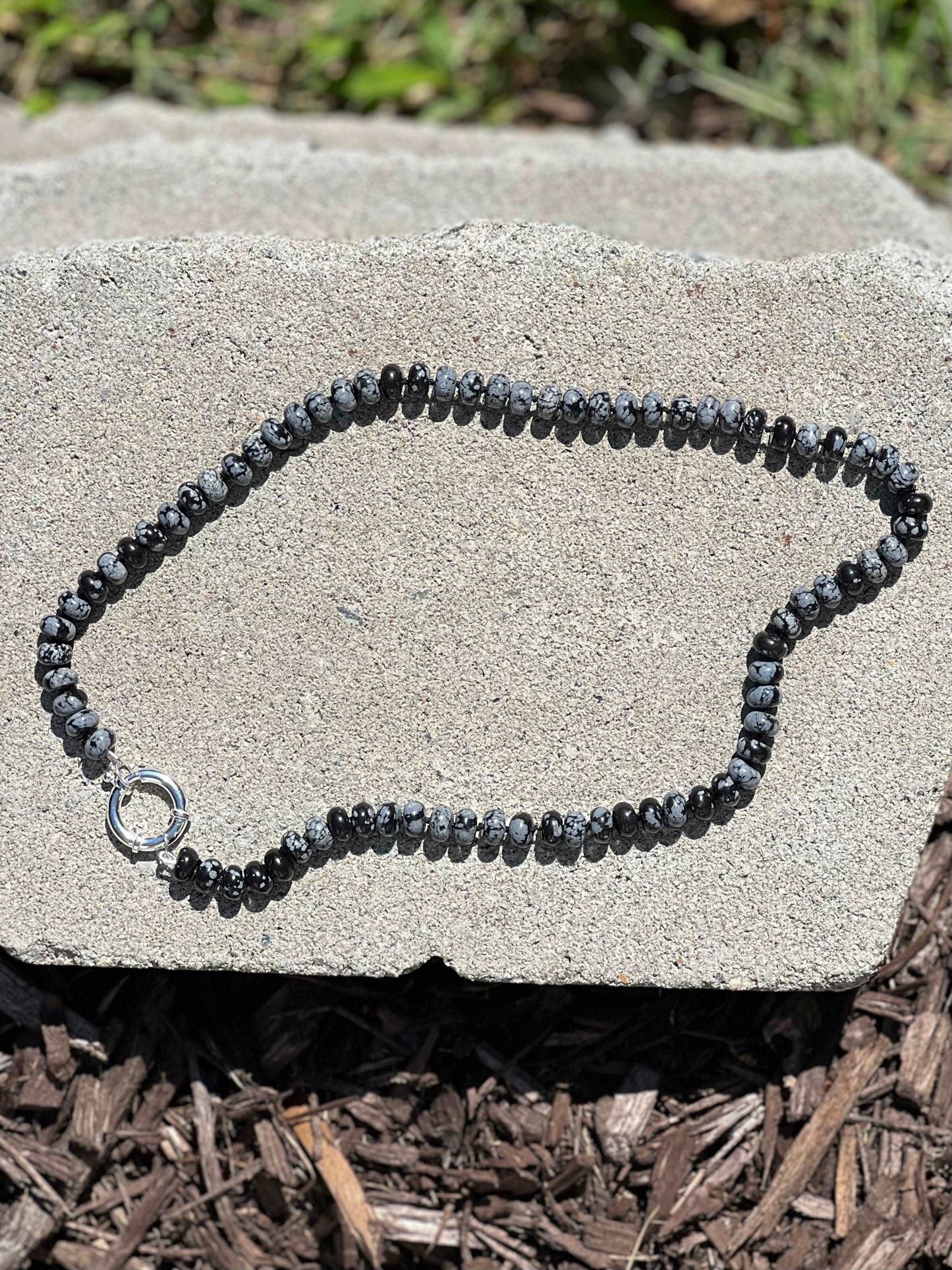 Snowflake Obsidian Hand Knotted Gemstone Necklace with Sterling Silver Clasp