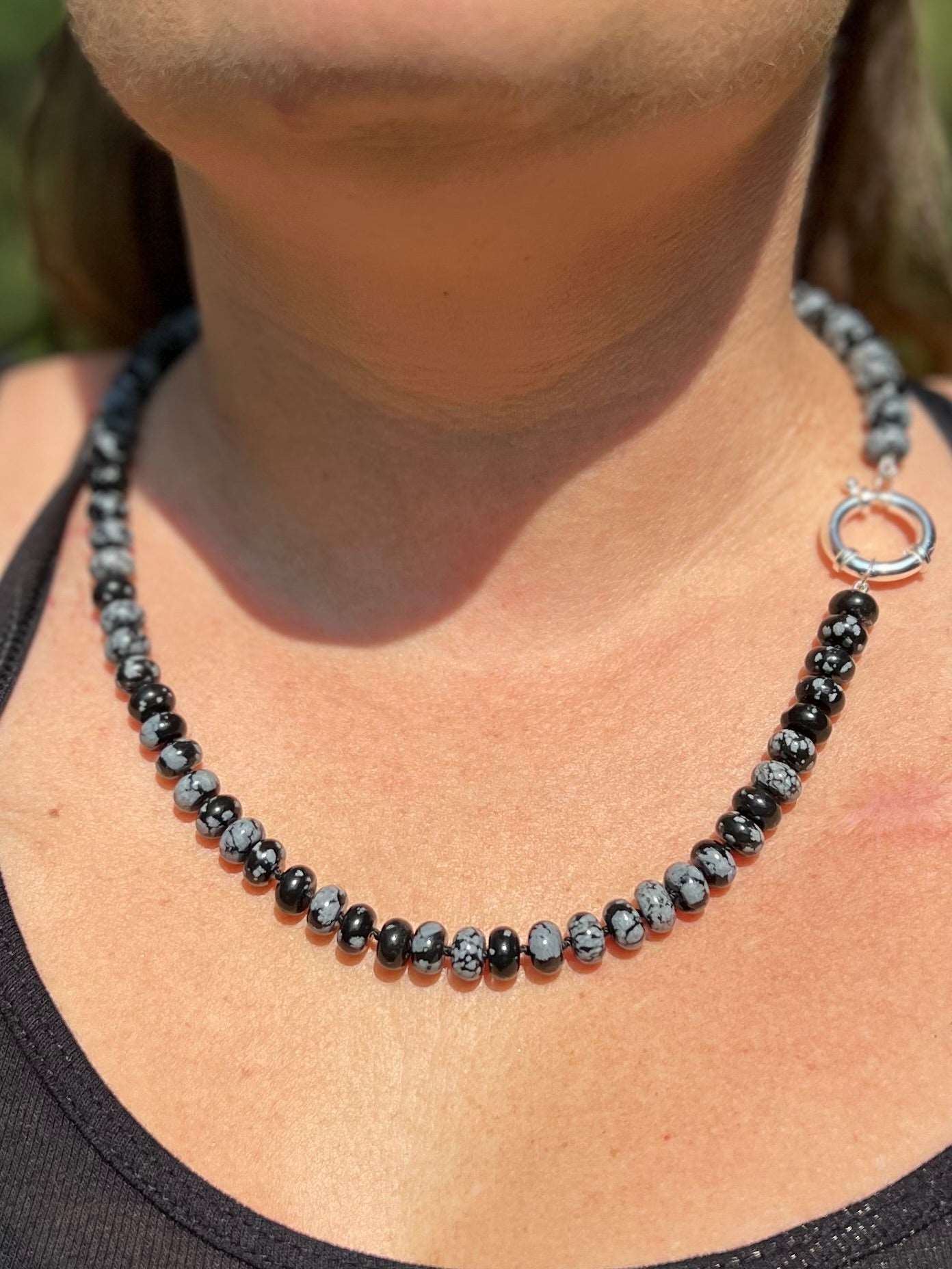 Snowflake Obsidian Hand Knotted Gemstone Necklace with Sterling Silver Clasp