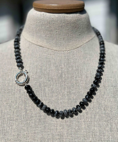 Snowflake Obsidian Hand Knotted Gemstone Necklace with Sterling Silver Clasp