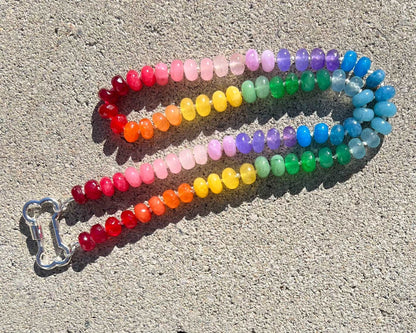 Rainbow Jade Gemstone Necklace with Sterling Silver Dog Bone Carabiner Lock