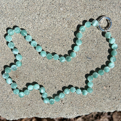 June Birthstone natural Chatoyant Green Moonstone Hand Knotted Necklace