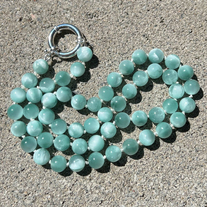 June Birthstone natural Chatoyant Green Moonstone Hand Knotted Necklace