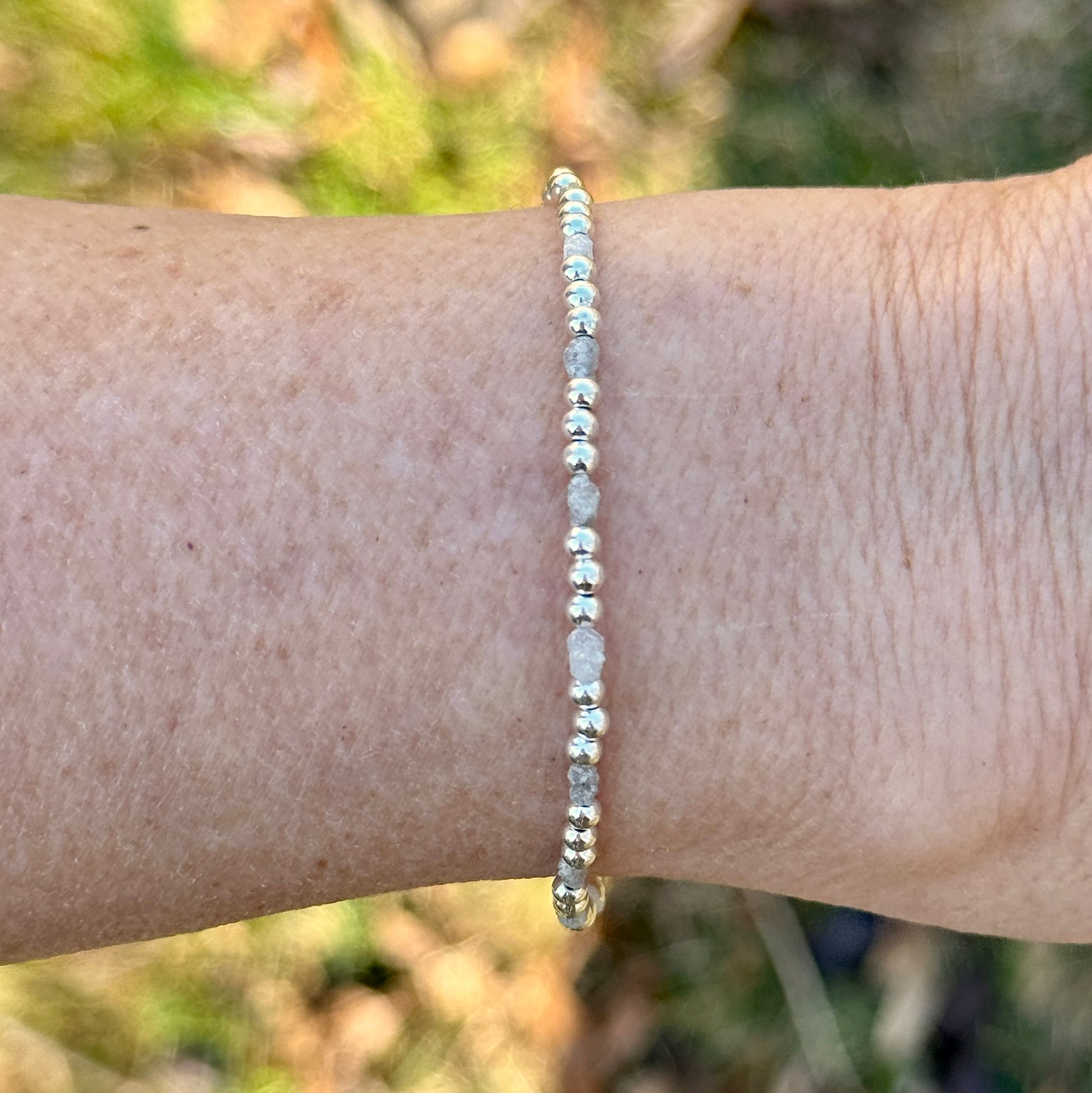 Raw Diamond Bracelet with Sterling Silver Round Beads