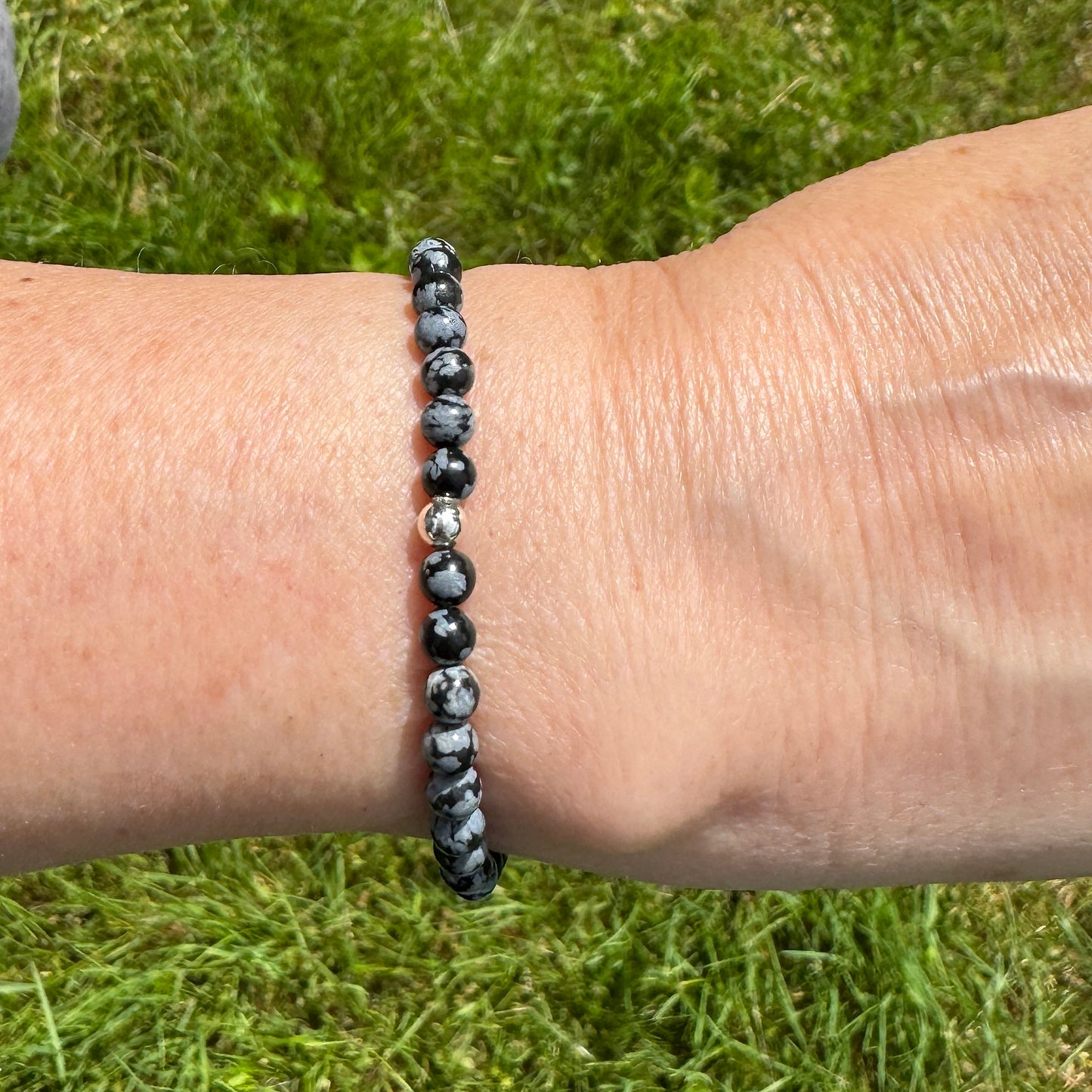 Beaded Stretch Bracelet made with Snowflake Obsidian