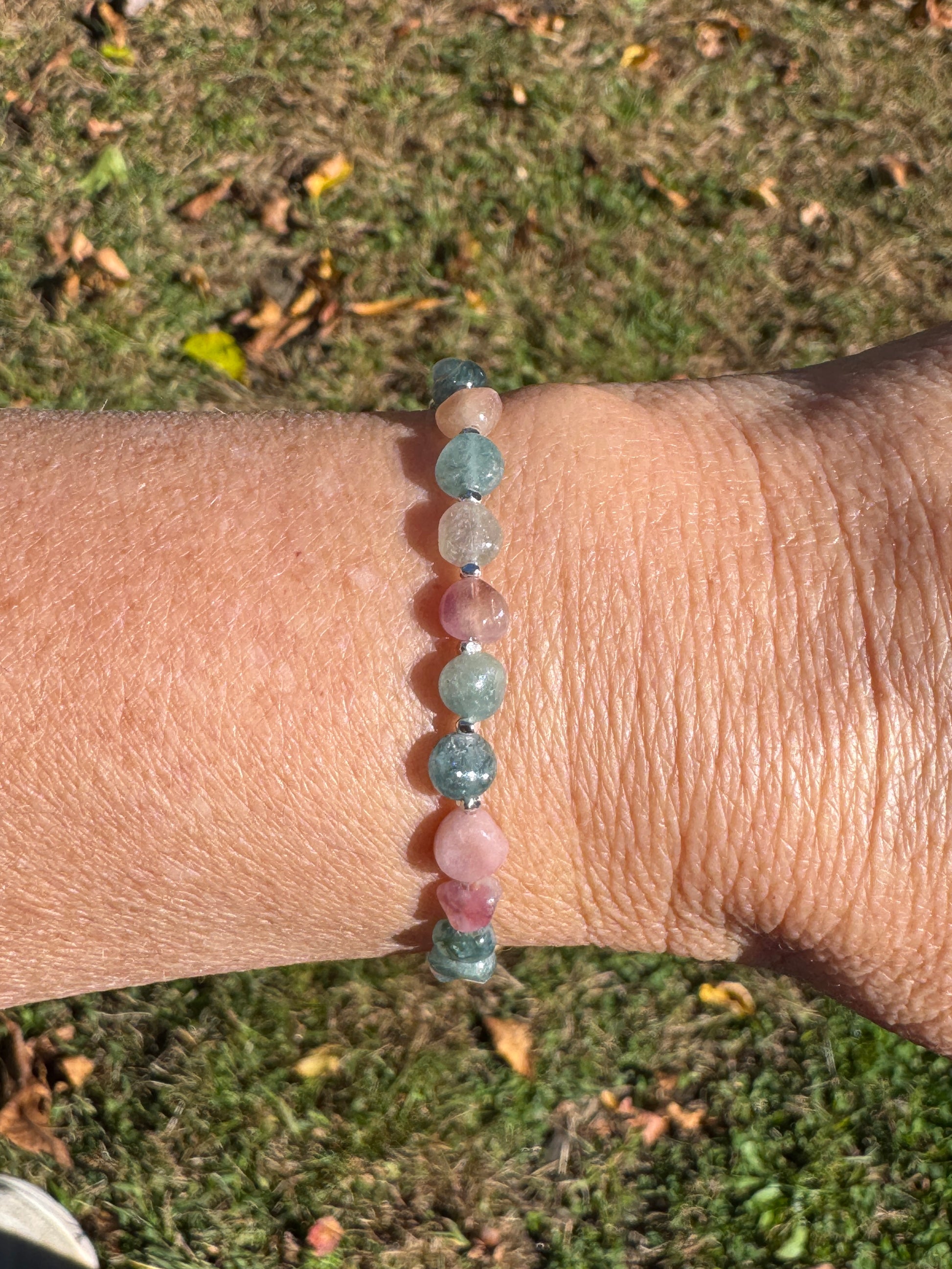Paraiba Blue & Pink Tourmaline Bracelet on wrist