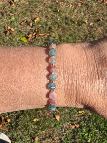 Paraiba Blue & Pink Tourmaline Bracelet on wrist