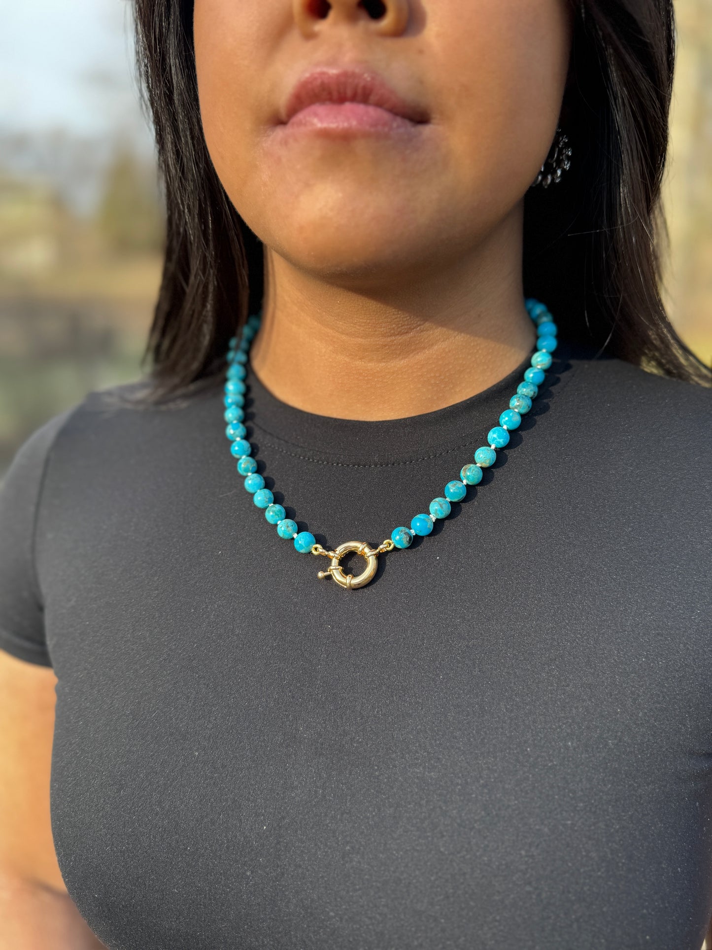 Hand Knotted Kingman Turquoise Necklace with Gold