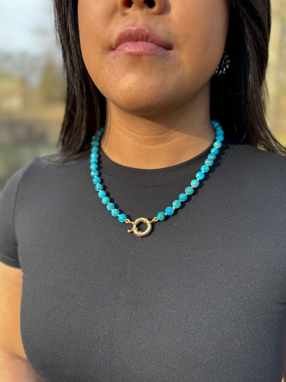Hand Knotted Kingman Turquoise Necklace with Gold