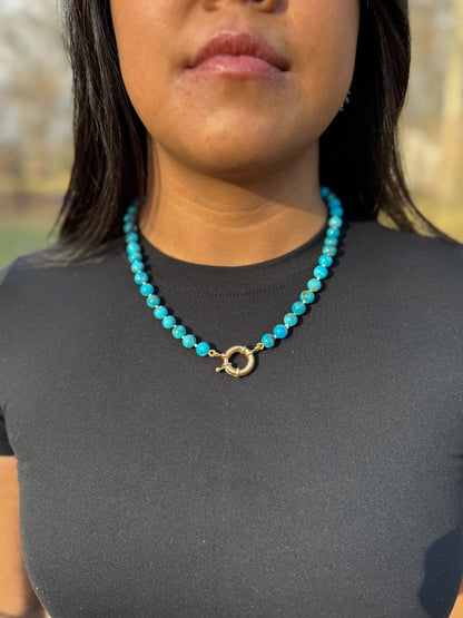 Hand Knotted Kingman Turquoise Necklace with Gold