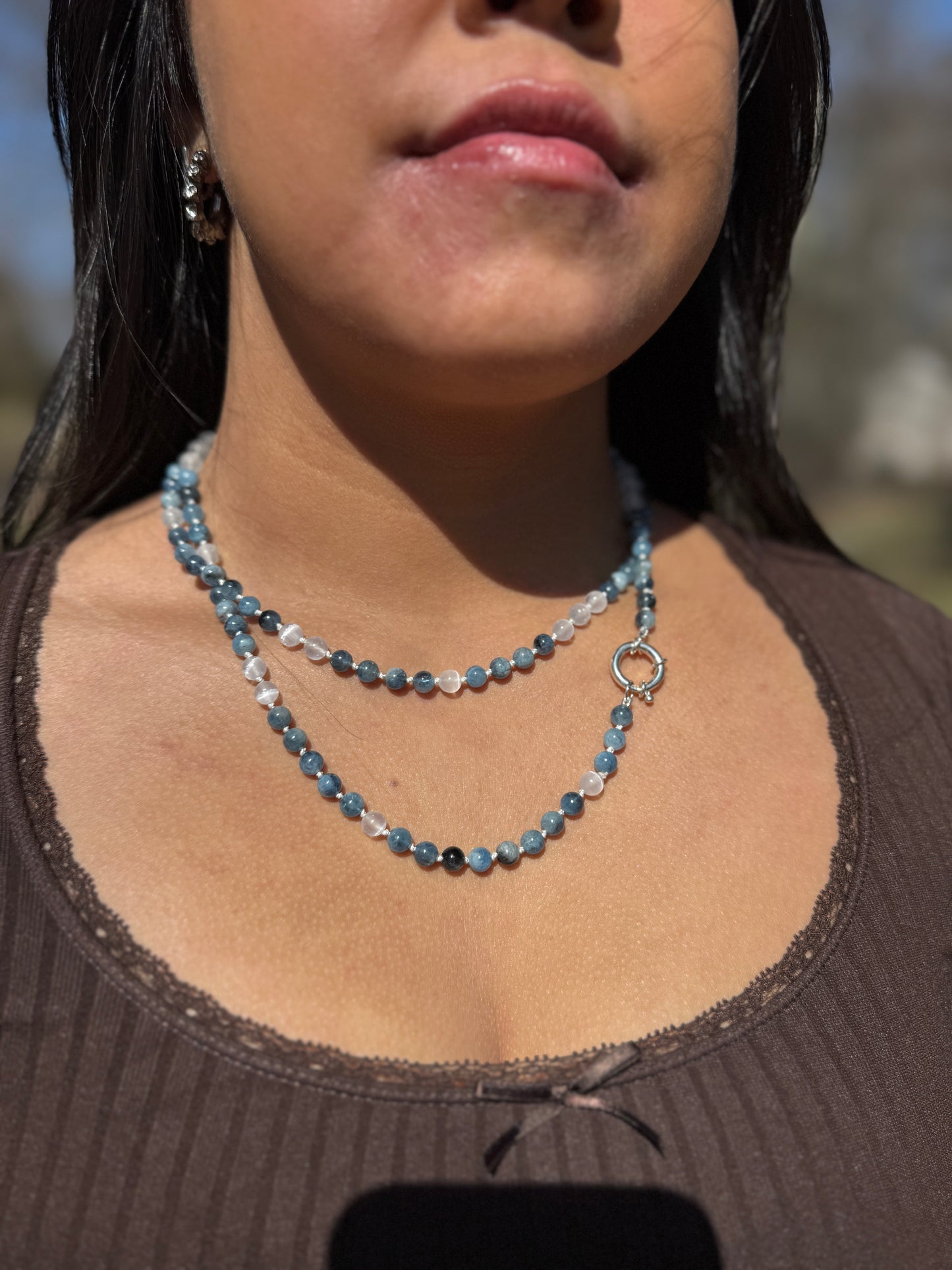 Santa Maria Aquamarine and Selenite Hand Knotted Necklace