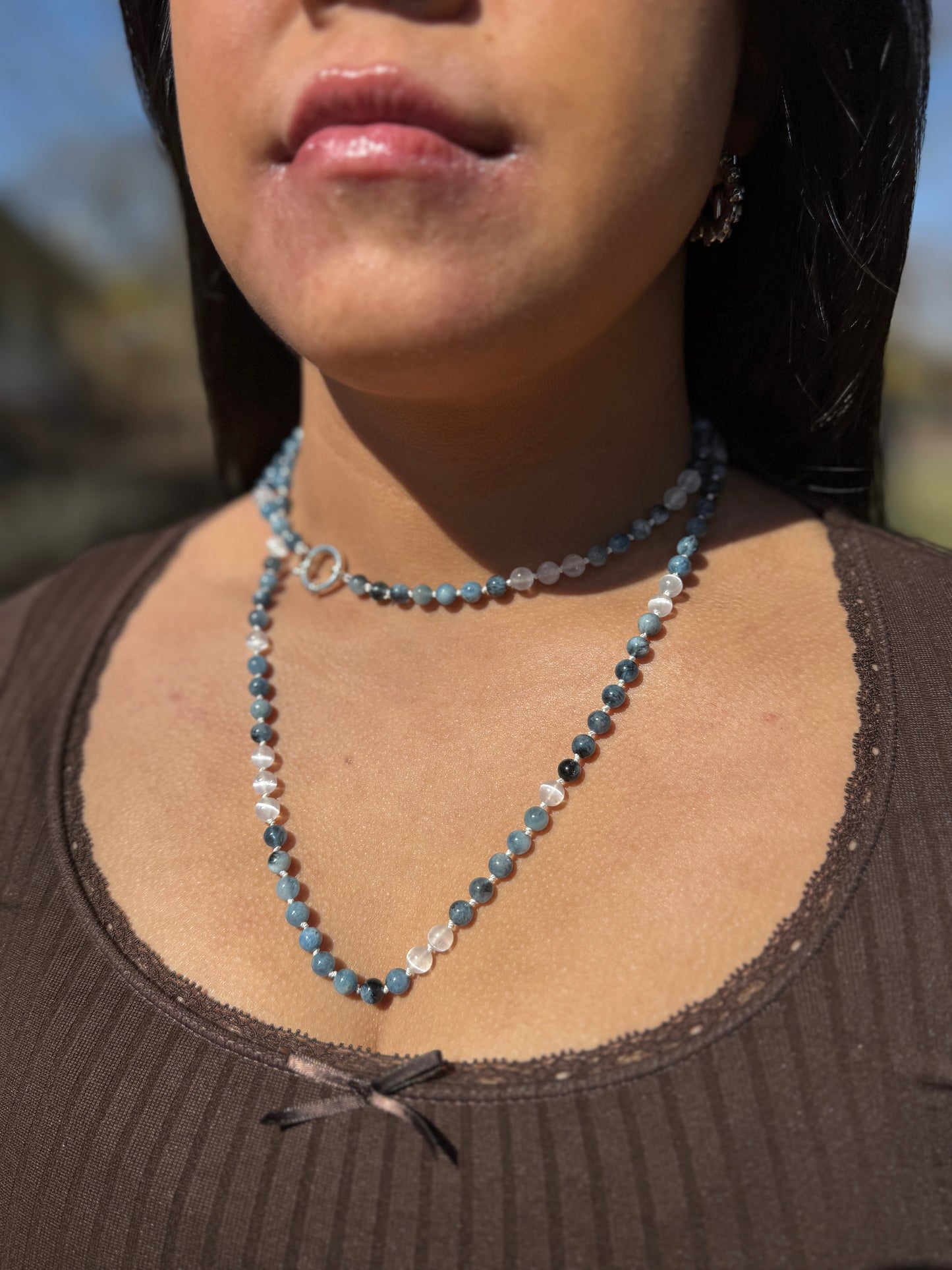 Santa Maria Aquamarine and Selenite Hand Knotted Necklace