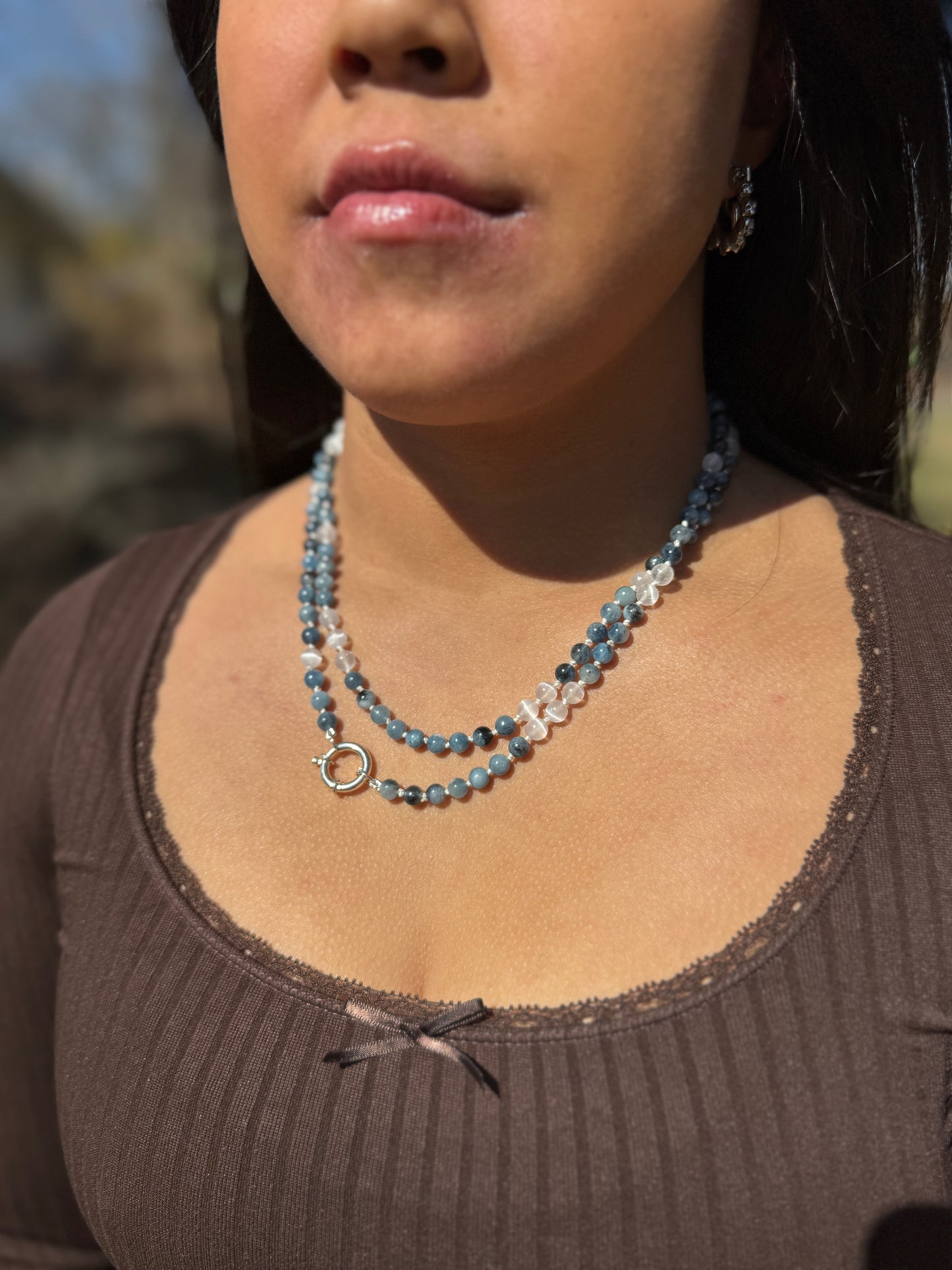 Santa Maria Aquamarine and Selenite Hand Knotted Necklace