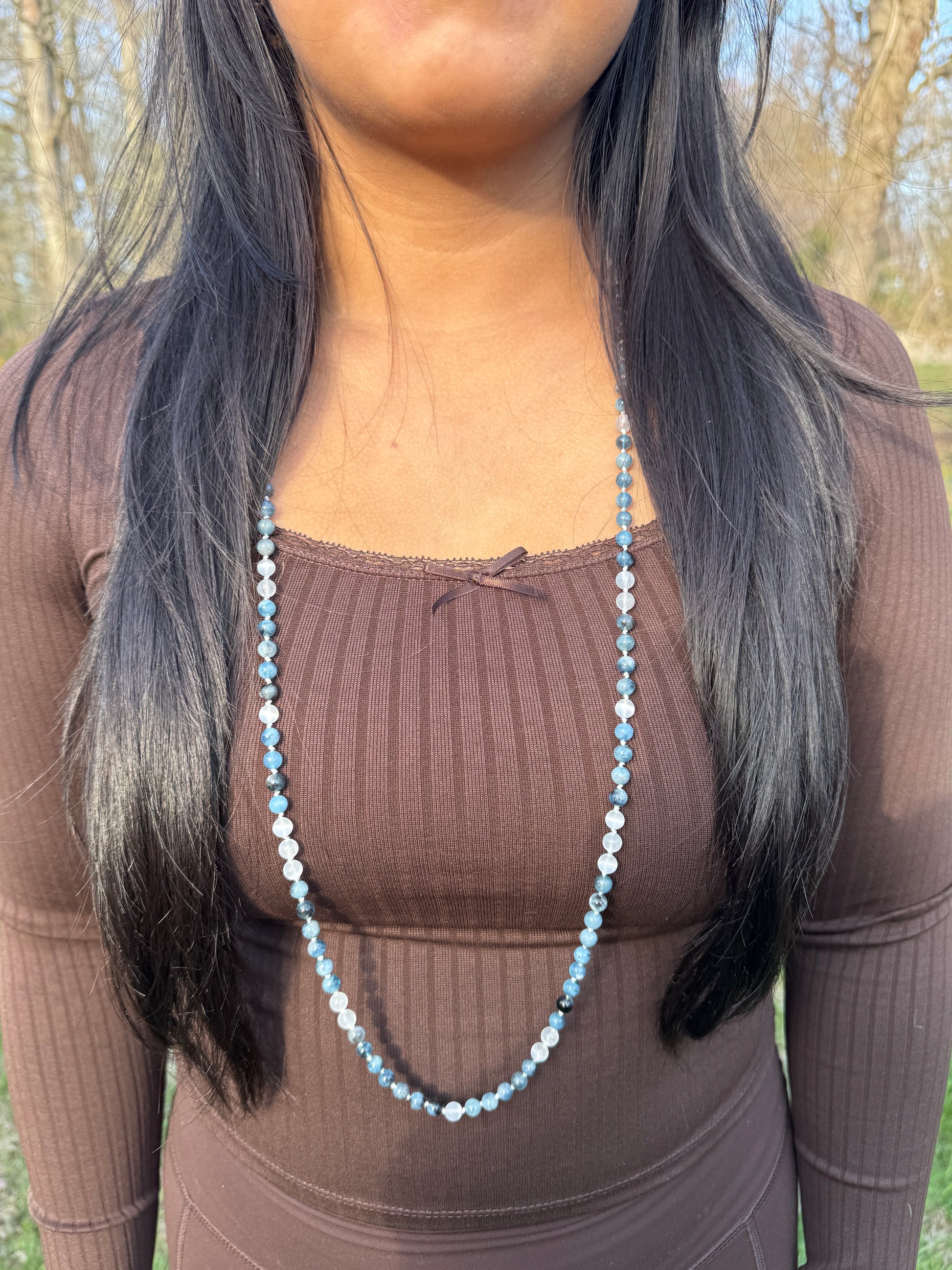 Santa Maria Aquamarine and Selenite Hand Knotted Necklace