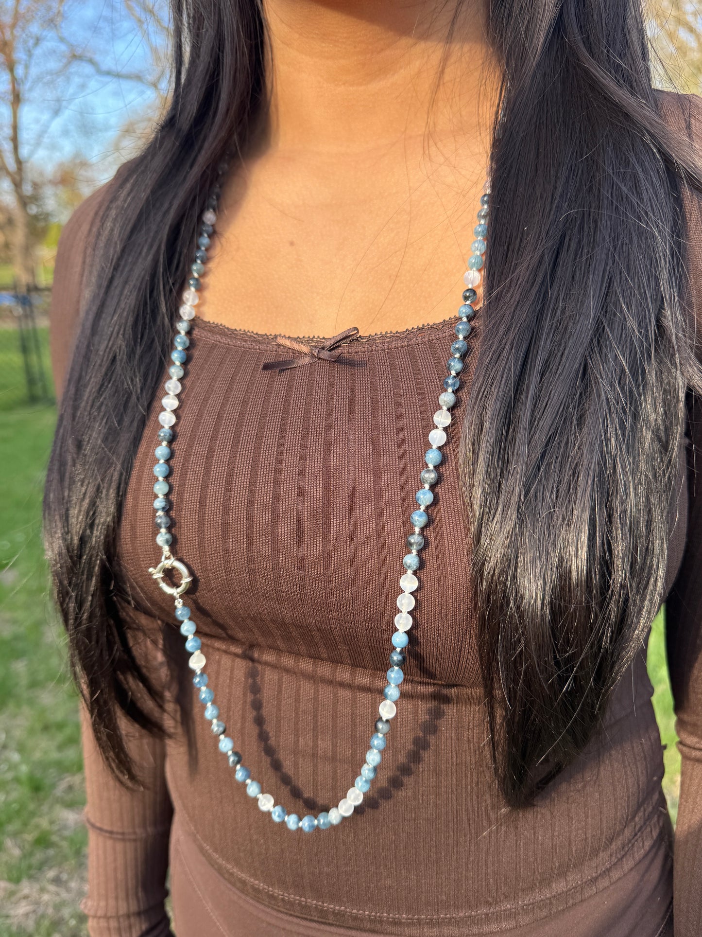Santa Maria Aquamarine and Selenite Hand Knotted Necklace