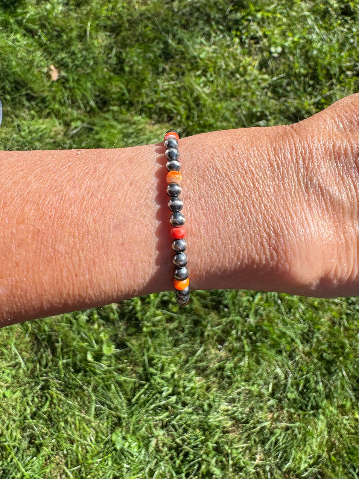 Sterling Silver Navajo Style Pearl and Spiny Oyster Bracelet