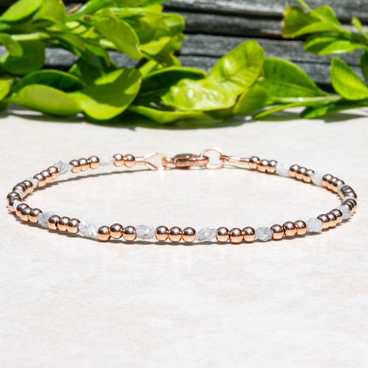 Uncut Raw Diamond Beaded Bracelet with Rose Gold Beads