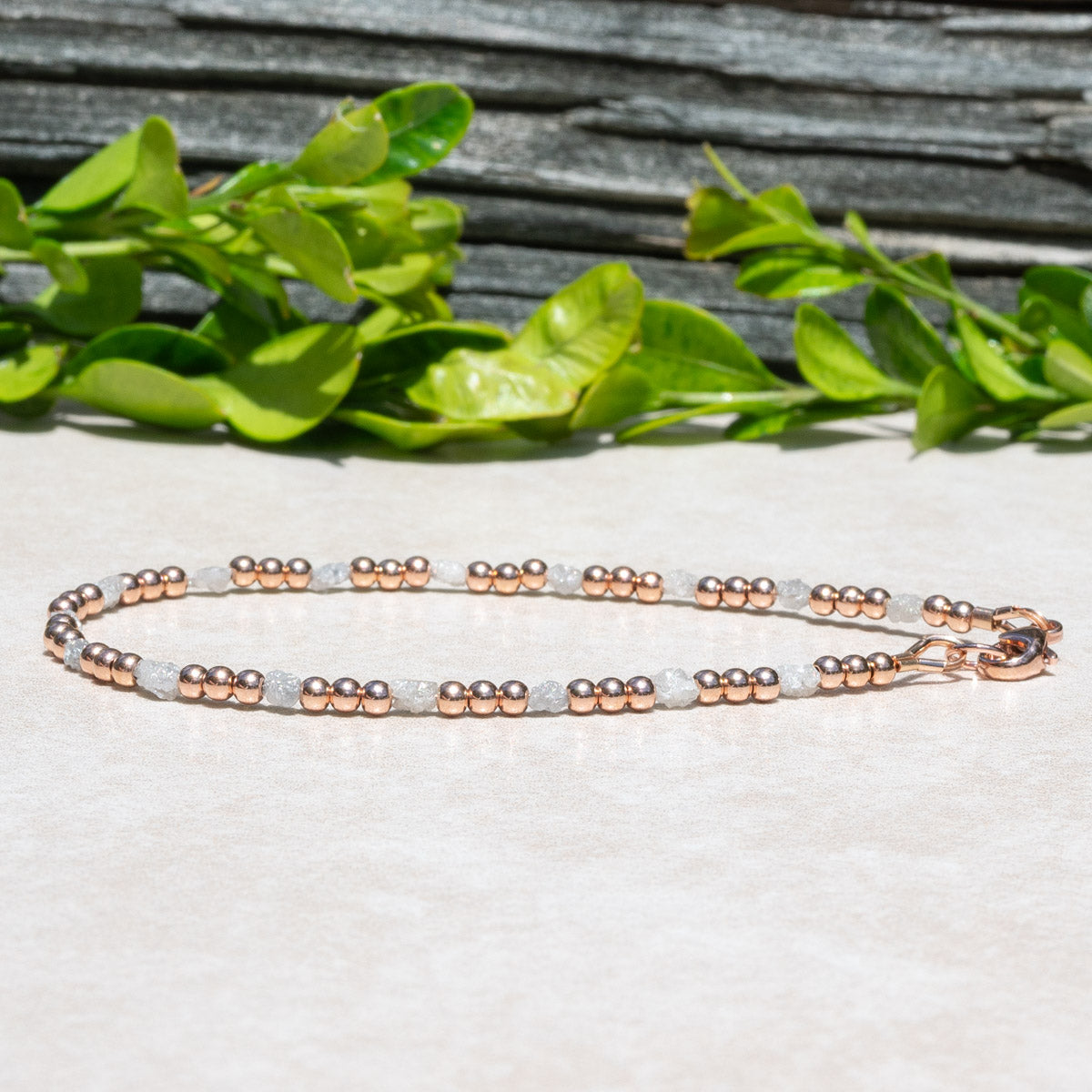 Uncut Raw Diamond Beaded Bracelet with Rose Gold Beads