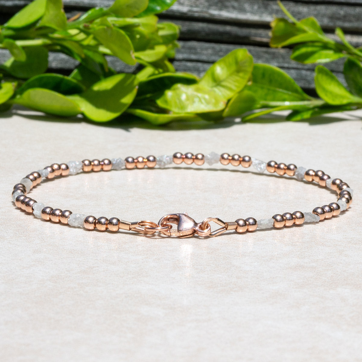 Uncut Raw Diamond Beaded Bracelet with Rose Gold Beads