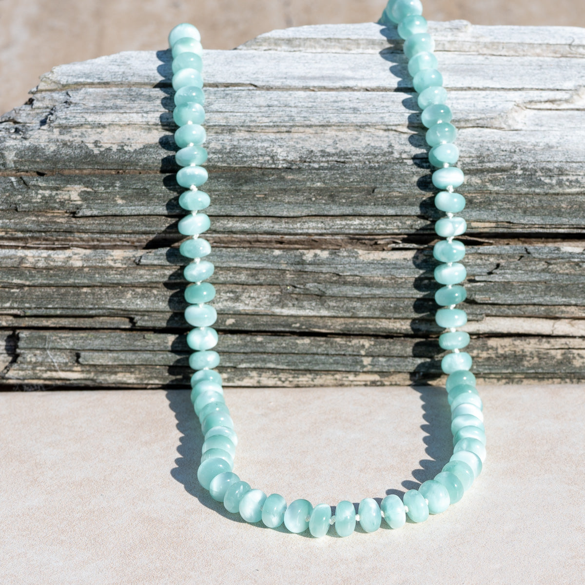 Hand Knotted Green Chatoyant Rondell Necklace | June Birthstone