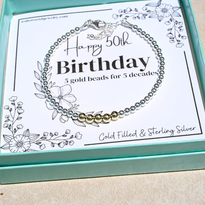 Milestone Birthday or Anniversary Bracelet in Gold and Sterling Silver | 1 Bead for Each Decade