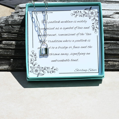 Sterling Silver Paperclip Chain &amp; Padlock Necklace, Symbolizes &nbsp;Love &amp; Commitment