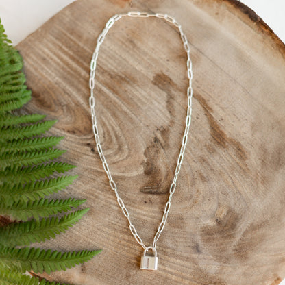 Sterling Silver Paperclip Chain & Padlock Necklace, Symbolizes  Love & Commitment