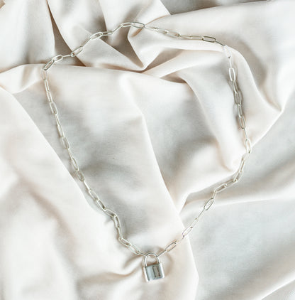 Sterling Silver Paperclip Chain & Padlock Necklace, Symbolizes Independence & Strength