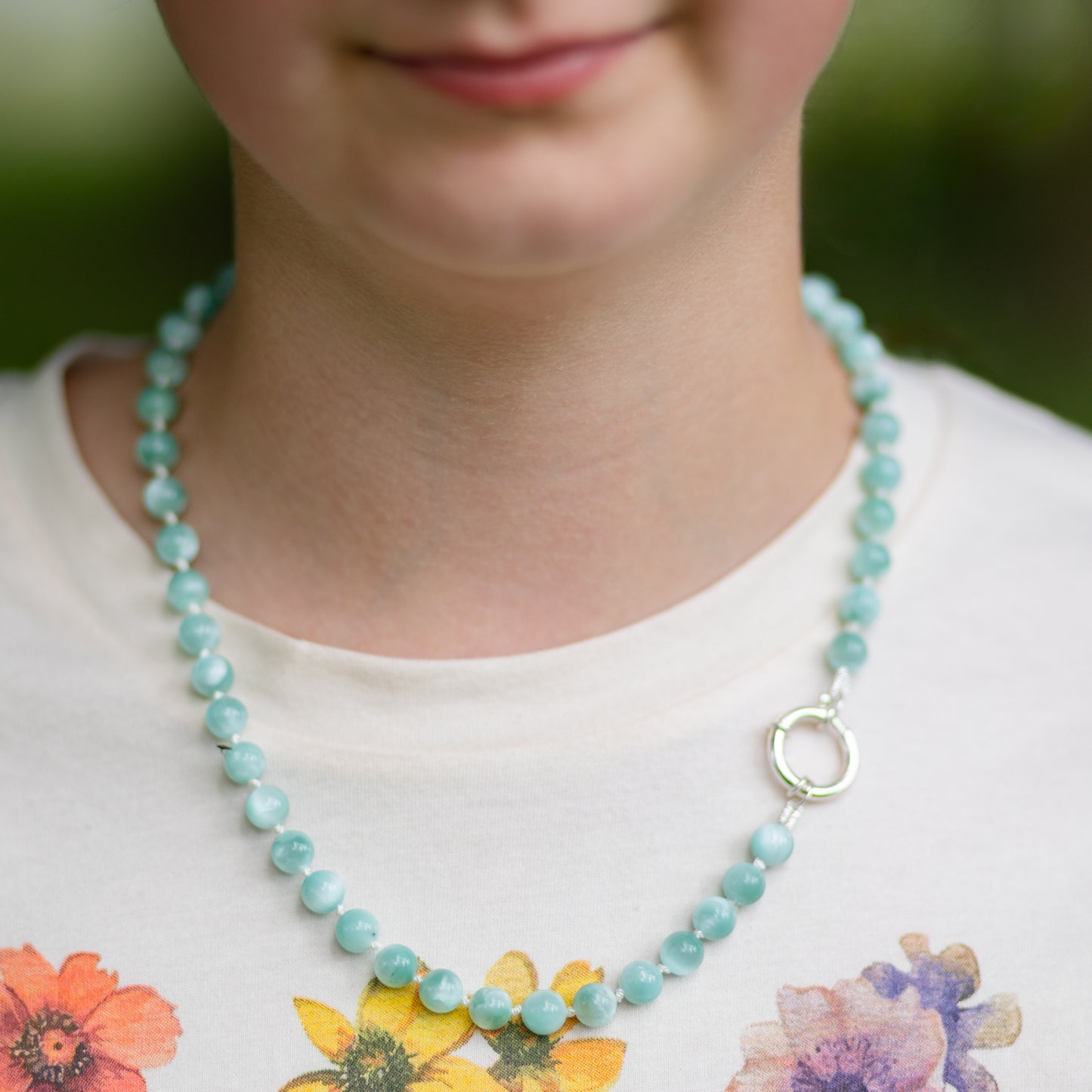 June Birthstone Necklace with Chatoyant Green Moonstone Beads