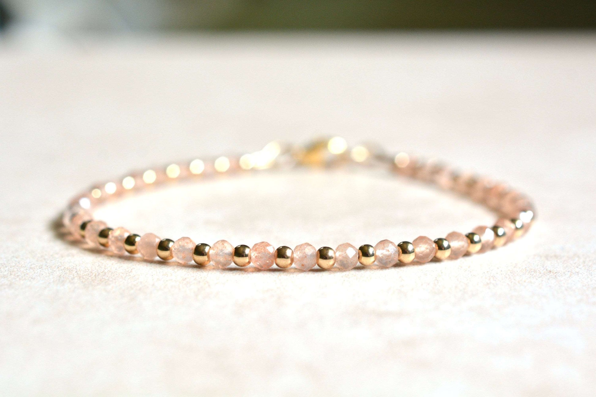 Peach Moonstone & Gold Beaded Bracelet - A June Birthstone Bracelet