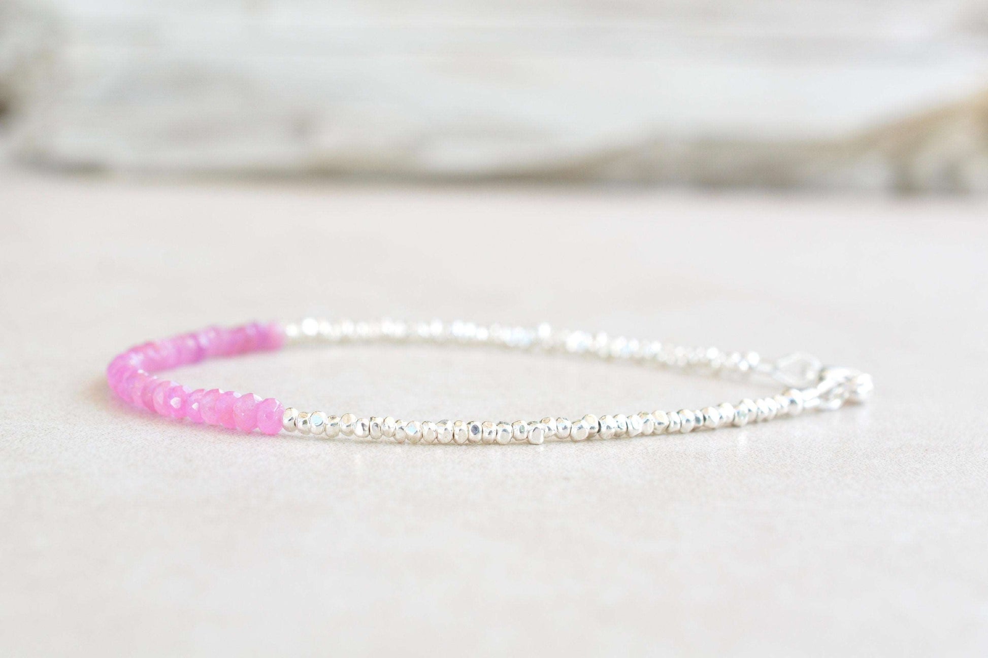 Pink Sapphire Beaded Silver Bracelet