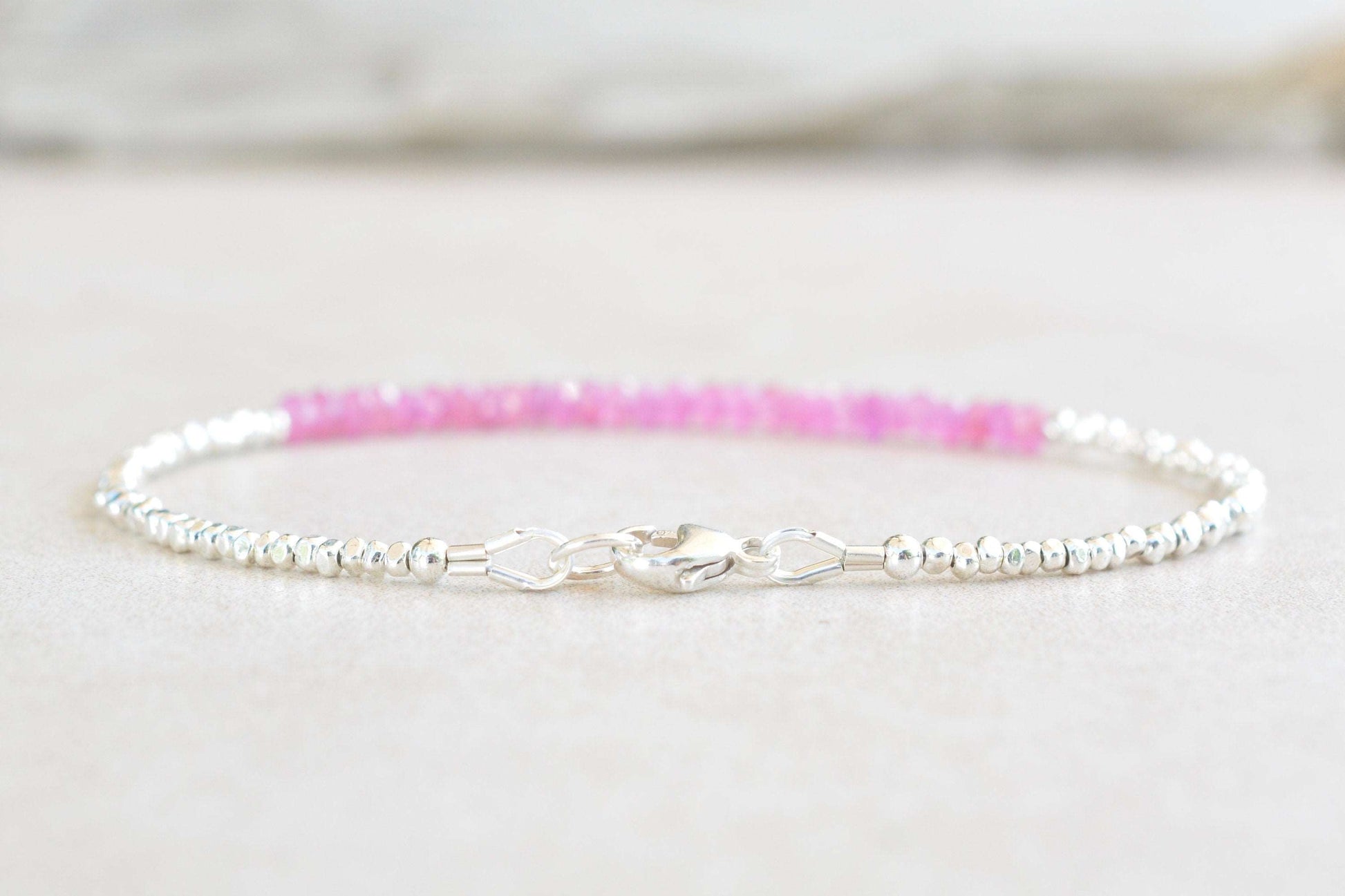 Pink Sapphire Beaded Silver Bracelet