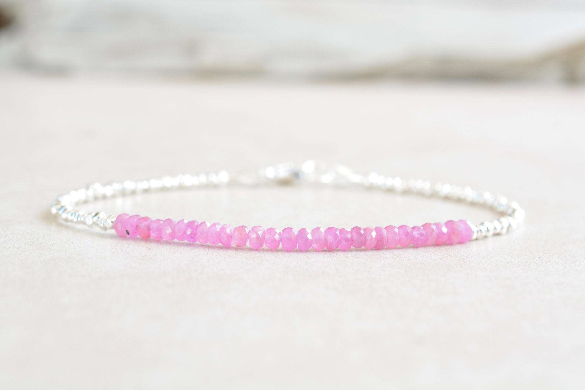 Pink Sapphire Beaded Silver Bracelet