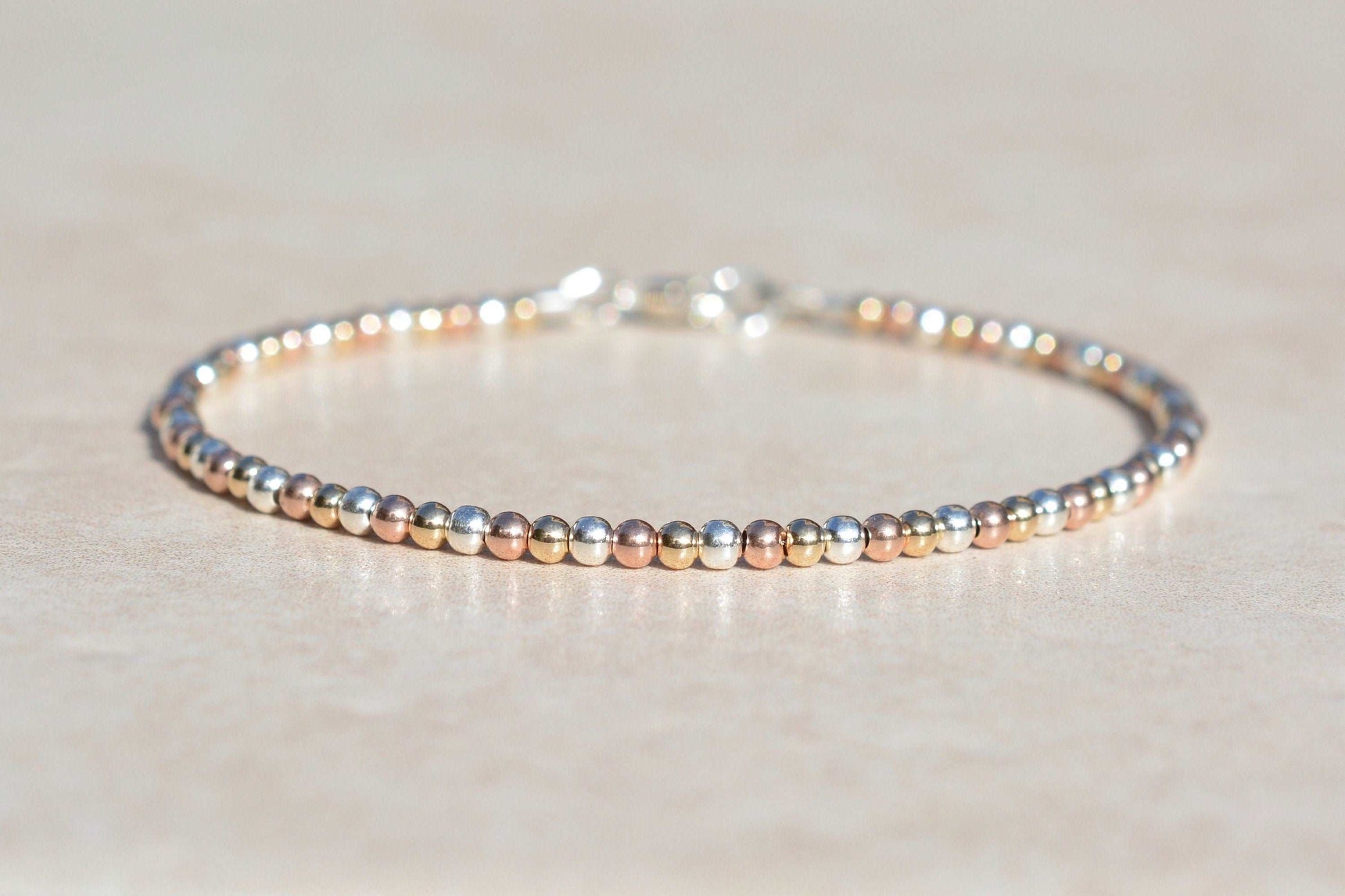 Rose Gold, Yellow Gold, and Sterling Silver Beaded Ball Bracelet