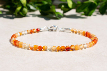 Carnelian Red and Orange Gemstone Beaded Bracelet with Sterling Silver Clasp