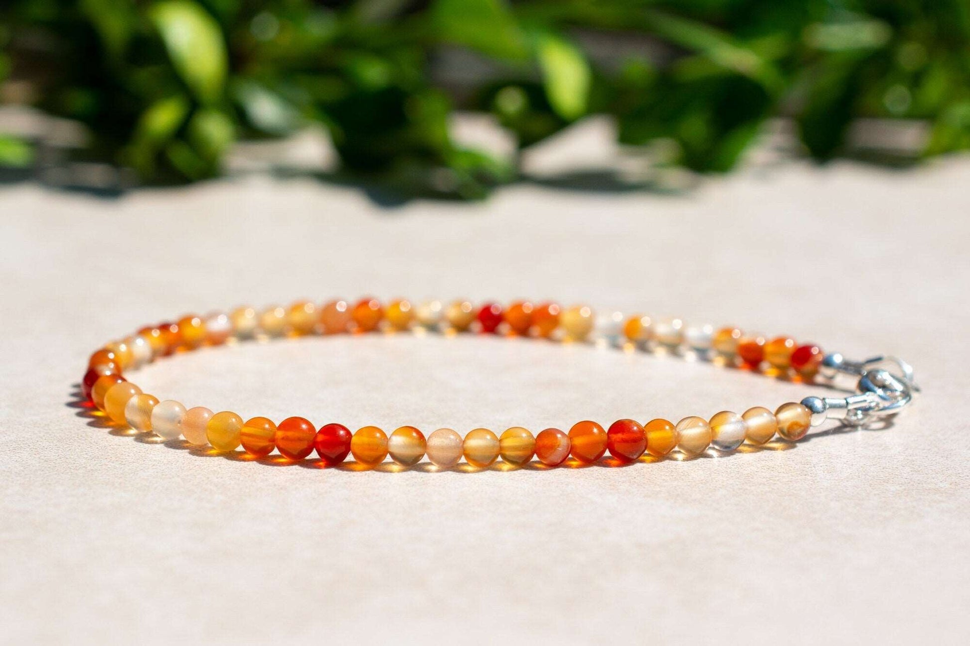 Carnelian Red and Orange Gemstone Beaded Bracelet with Sterling Silver Clasp