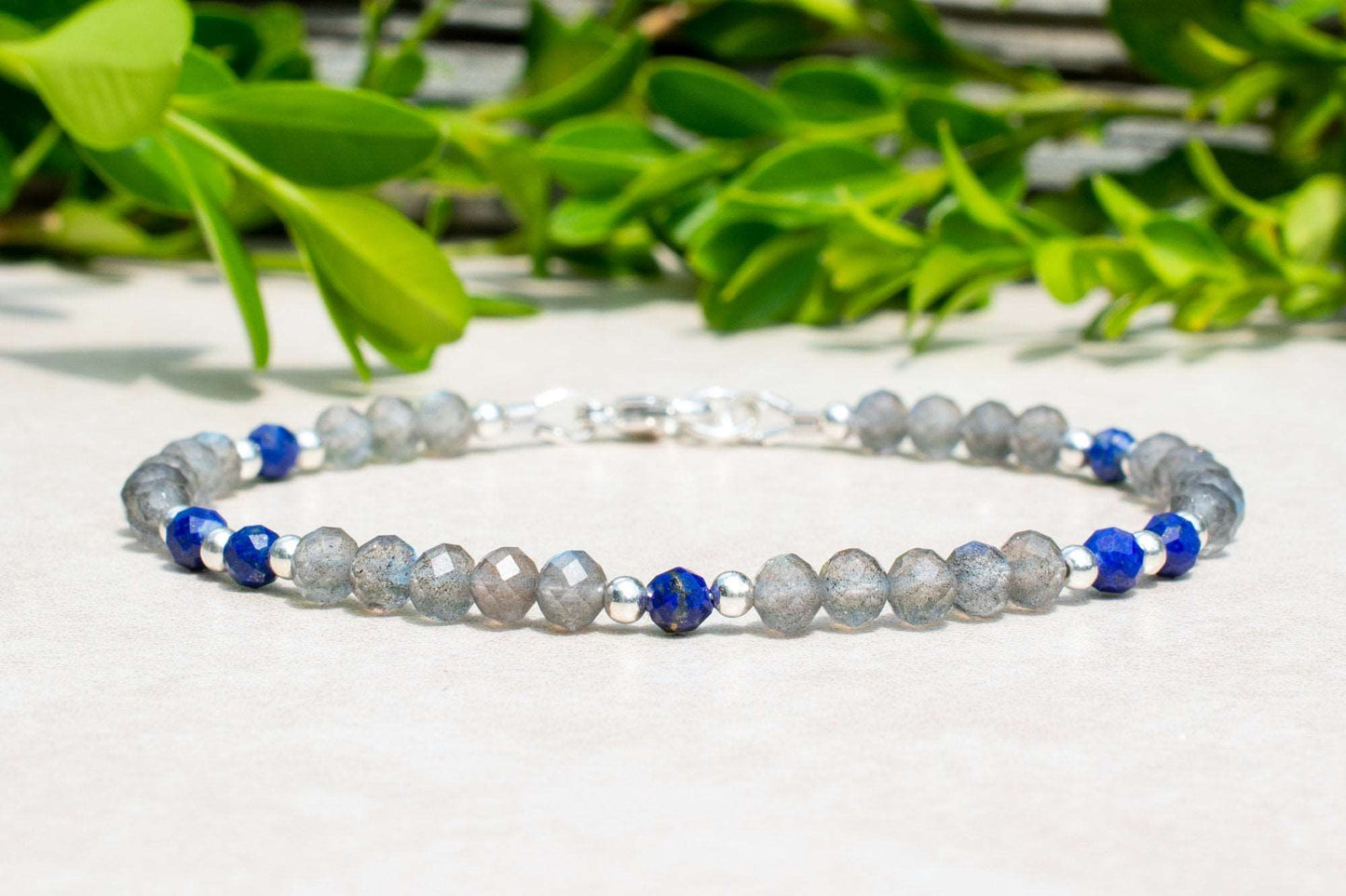 Labradorite & Lapis Beaded Bracelet with Sterling Silver or Gold