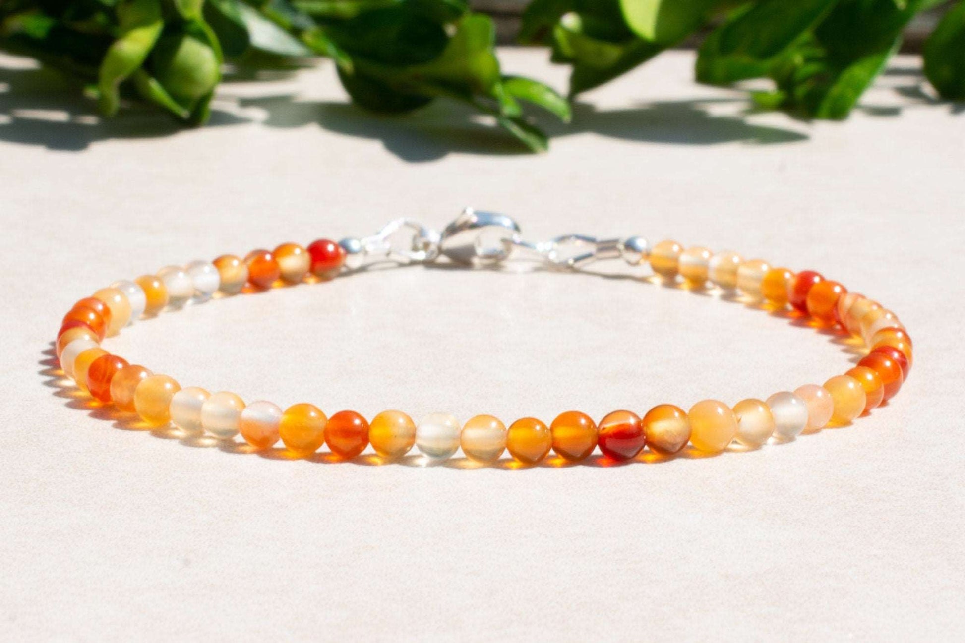 Carnelian Red and Orange Gemstone Beaded Bracelet with Sterling Silver Clasp