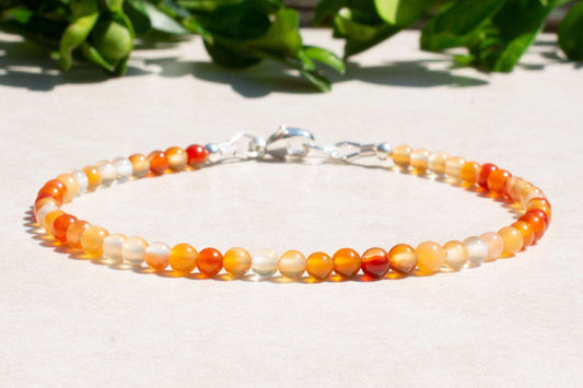 Carnelian Red and Orange Gemstone Beaded Bracelet with Sterling Silver Clasp