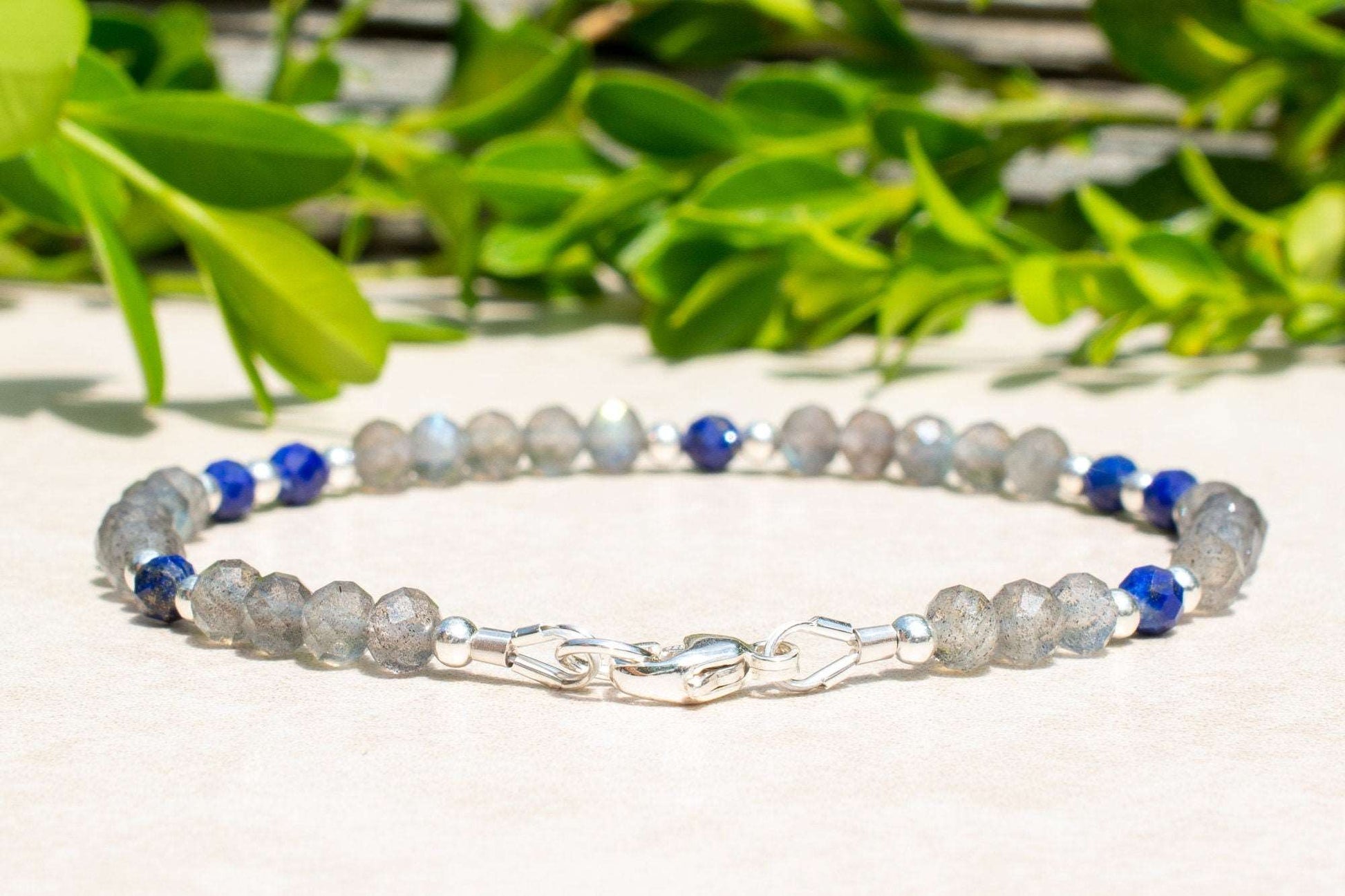 Labradorite & Lapis Beaded Bracelet with Sterling Silver or Gold