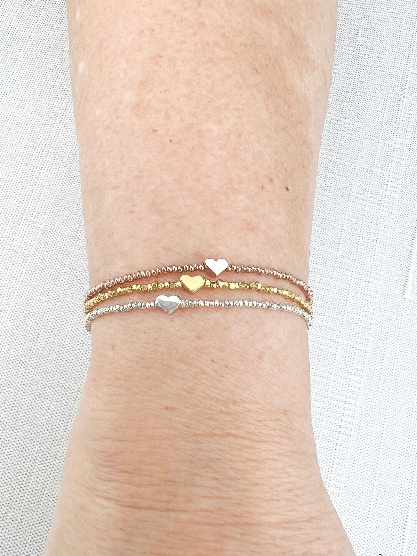 Karen Hill Tribe Heart Beaded Bracelet, Sterling Silver, Gold, or Rose Gold Wrist Top 2